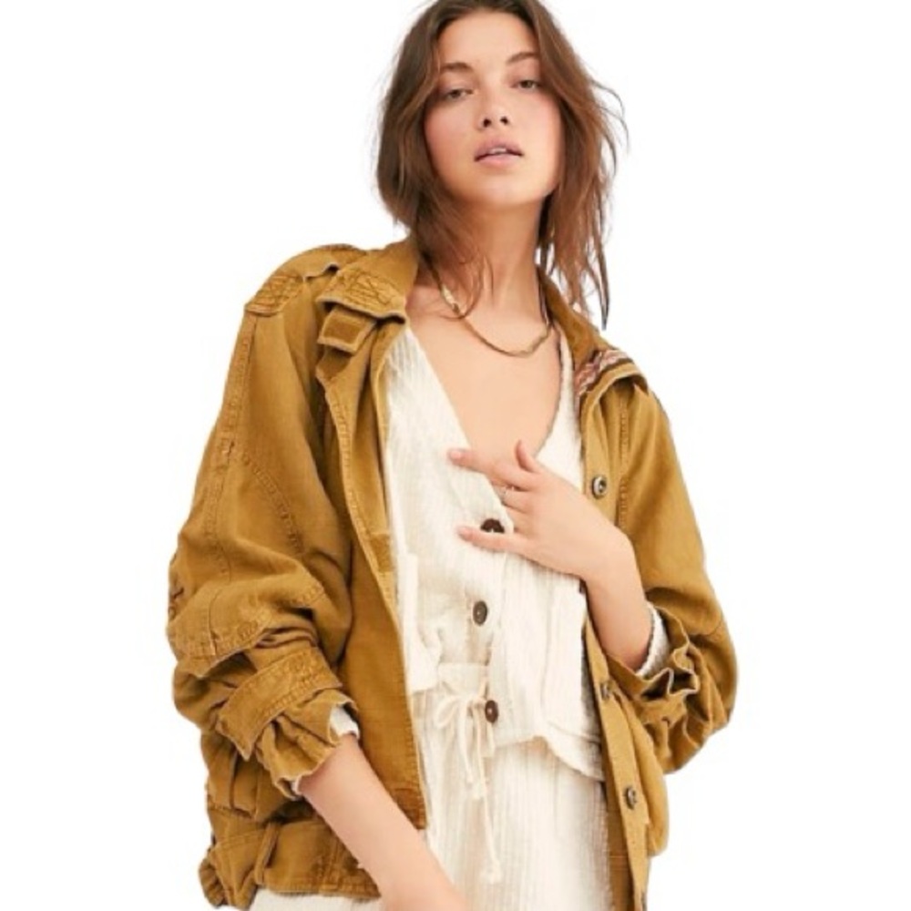 Free People Jayde Linen Blend Safari Brown Embroidered Bomber Jacket